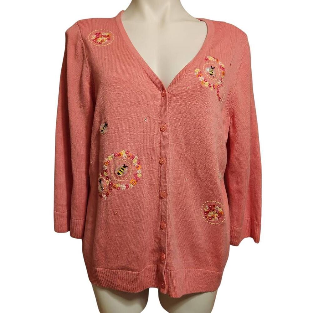 Christopher & Banks bee flower‎ Embellished cardigan coral pink Large